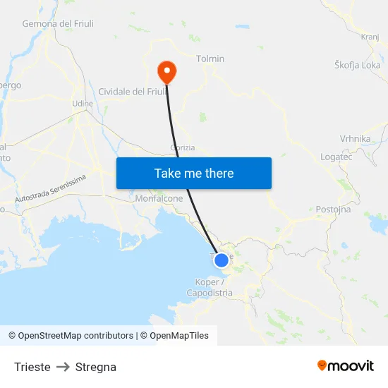 Trieste to Stregna map