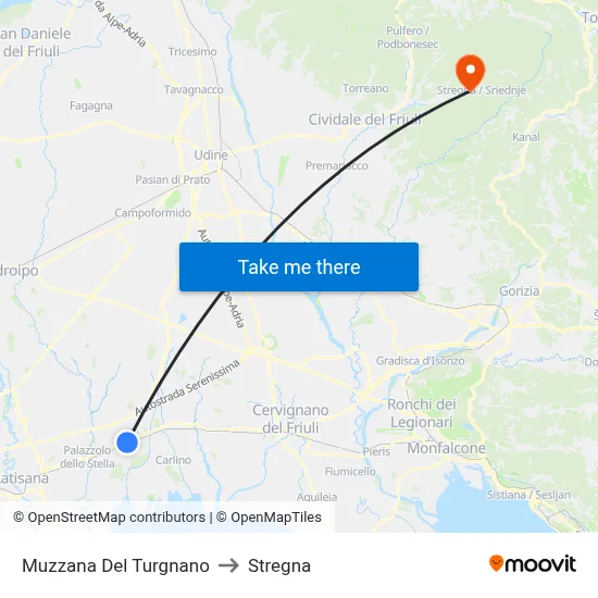 Muzzana del Turgnano to Stregna map