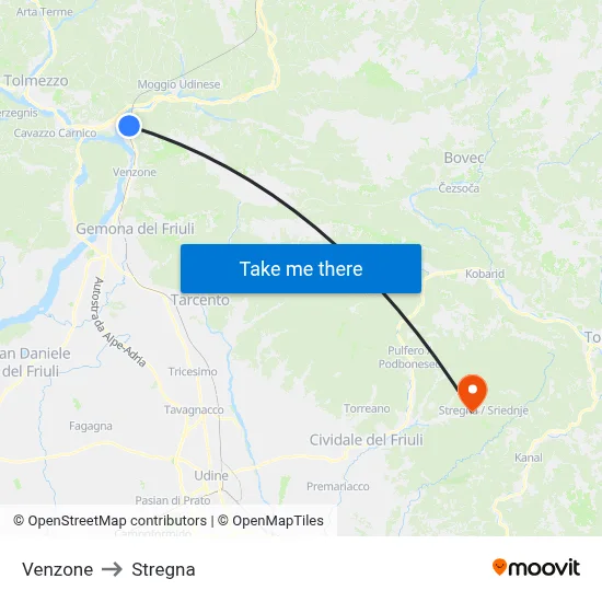 Venzone to Stregna map