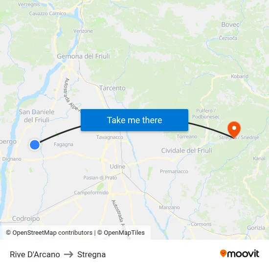 Rive d'Arcano to Stregna map