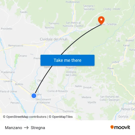 Manzano to Stregna map