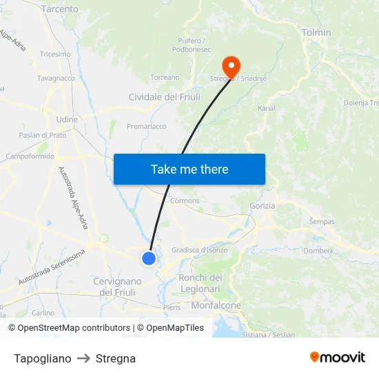 Tapogliano to Stregna map