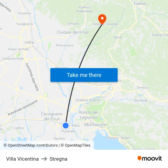 Villa Vicentina to Stregna map