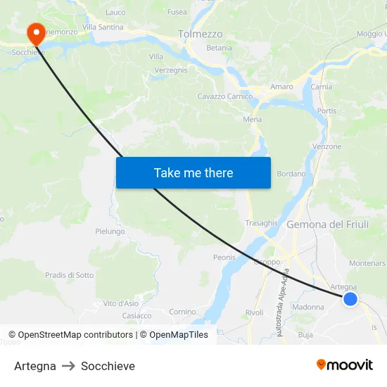 Artegna to Socchieve map