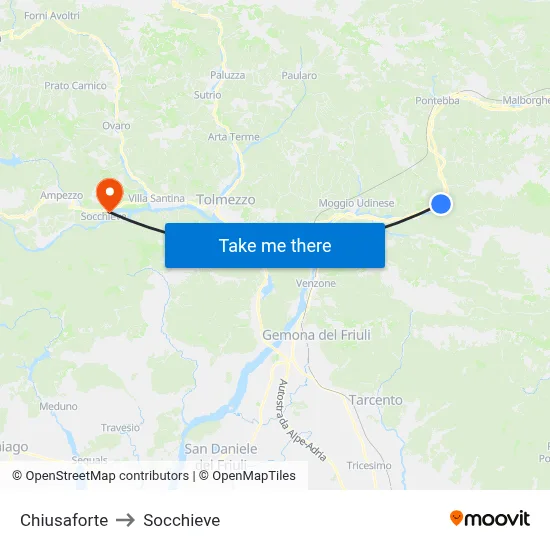 Chiusaforte to Socchieve map