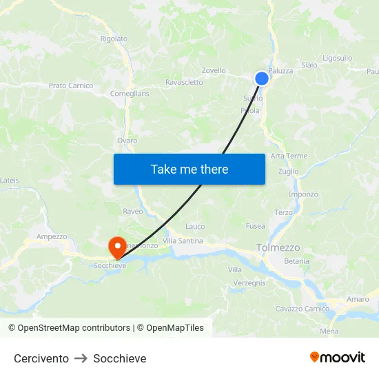 Cercivento to Socchieve map