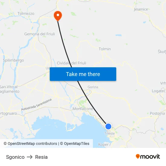 Sgonico to Resia map