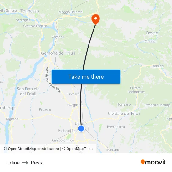 Udine to Resia map