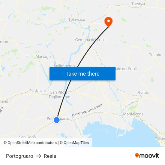 Portogruaro to Resia map