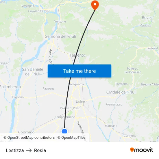 Lestizza to Resia map