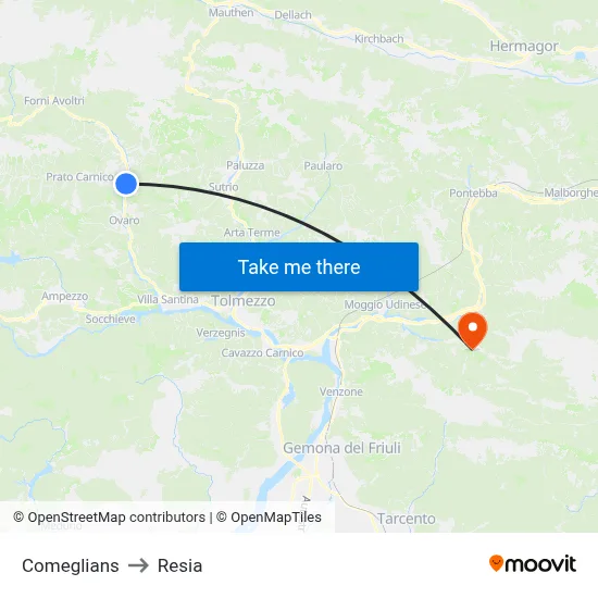 Comeglians to Resia map