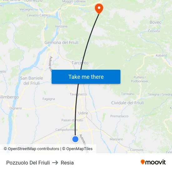 Pozzuolo del Friuli to Resia map