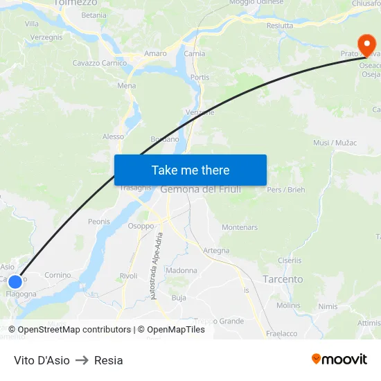 Vito d'Asio to Resia map