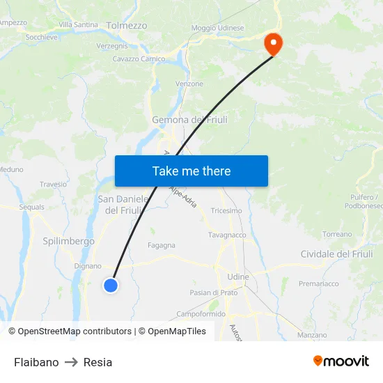 Flaibano to Resia map