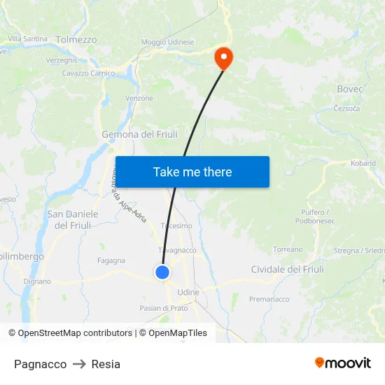 Pagnacco to Resia map