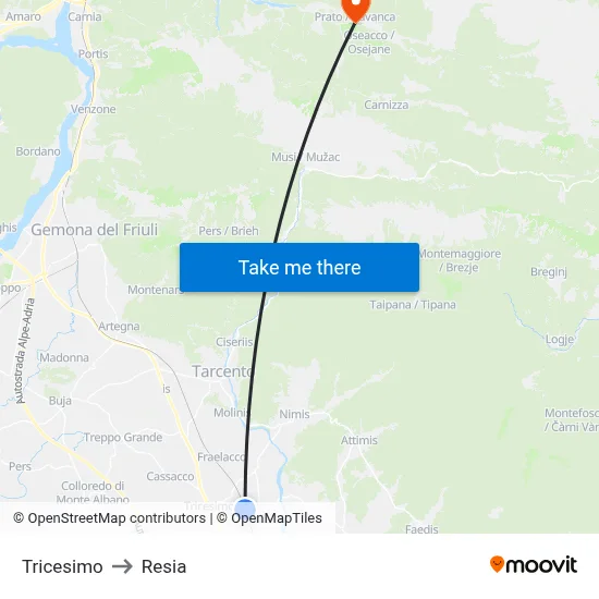 Tricesimo to Resia map