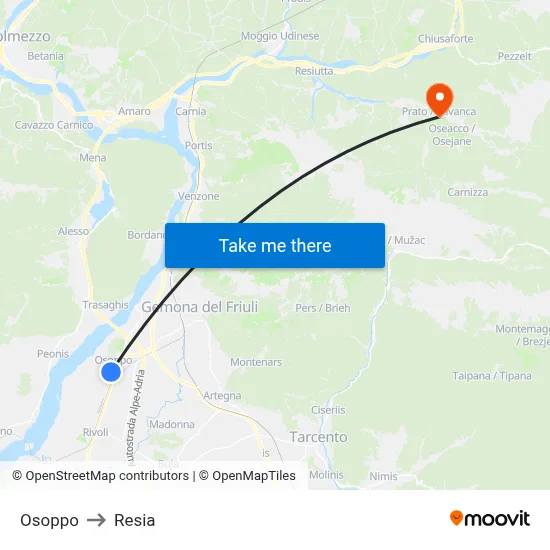 Osoppo to Resia map
