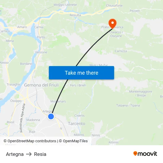 Artegna to Resia map