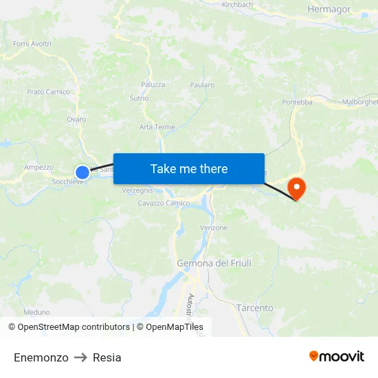 Enemonzo to Resia map