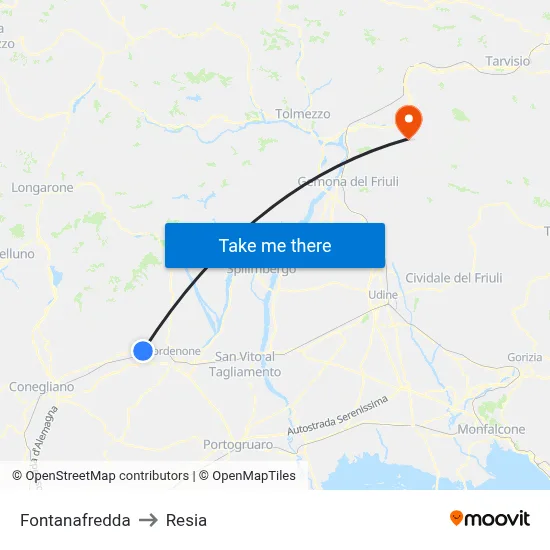 Fontanafredda to Resia map