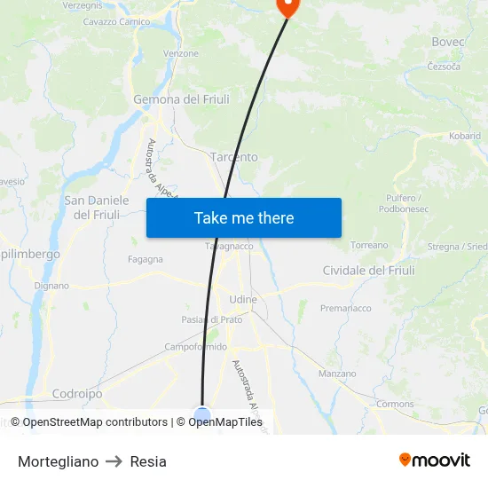 Mortegliano to Resia map
