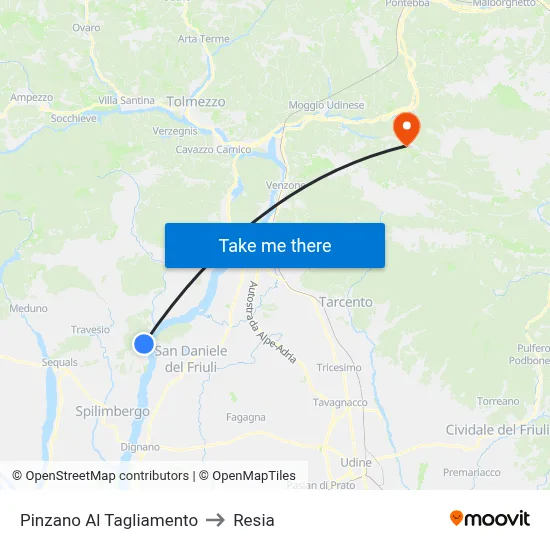 Pinzano Al Tagliamento to Resia map