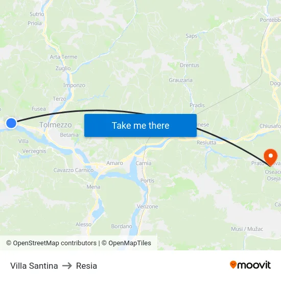 Villa Santina to Resia map