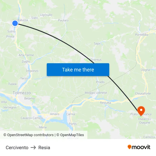 Cercivento to Resia map