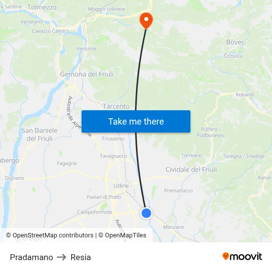 Pradamano to Resia map