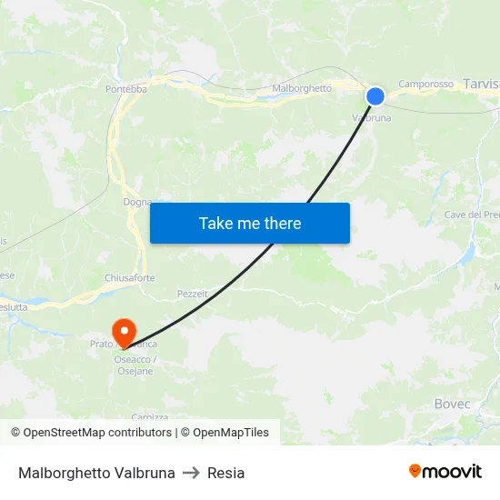 Malborghetto Valbruna to Resia map