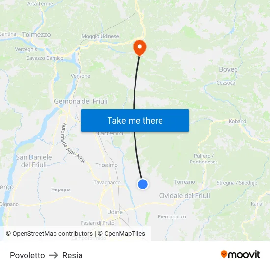 Povoletto to Resia map