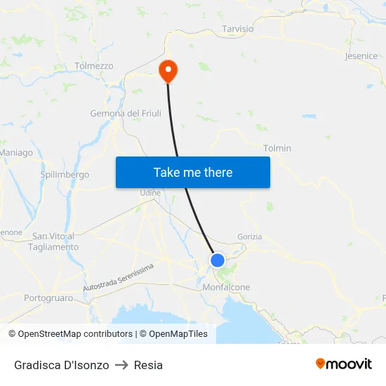 Gradisca d'Isonzo to Resia map