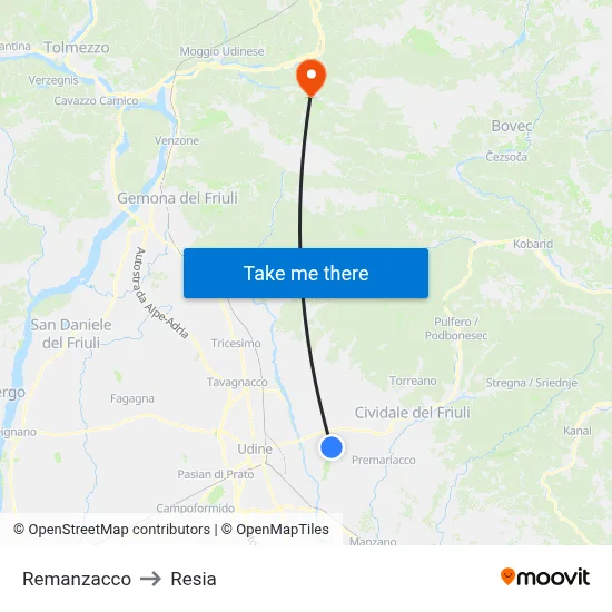 Remanzacco to Resia map
