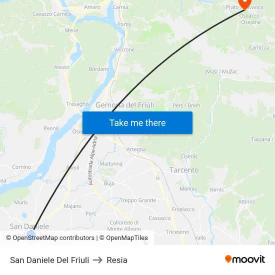 San Daniele del Friuli to Resia map