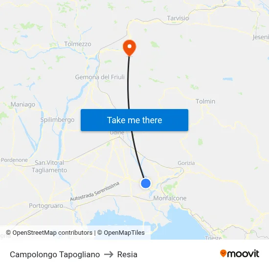 Campolongo Tapogliano to Resia map