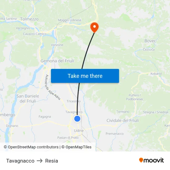 Tavagnacco to Resia map