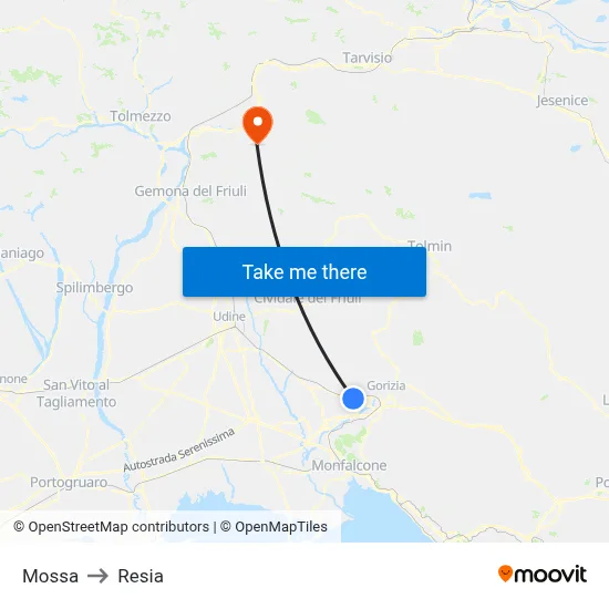 Mossa to Resia map