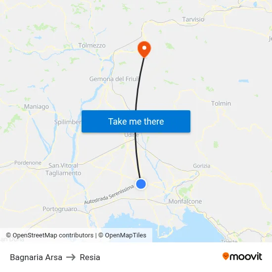 Bagnaria Arsa to Resia map