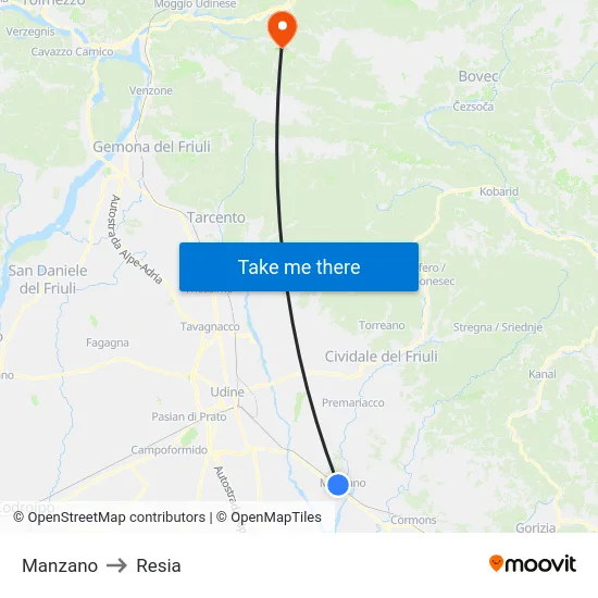 Manzano to Resia map