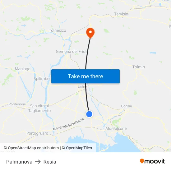 Palmanova to Resia map