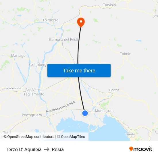 Terzo d'Aquileia to Resia map