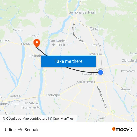 Udine to Sequals map