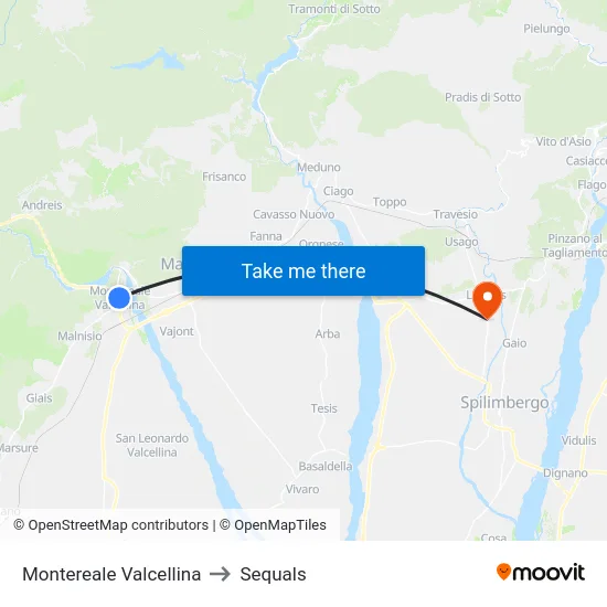 Montereale Valcellina to Sequals map