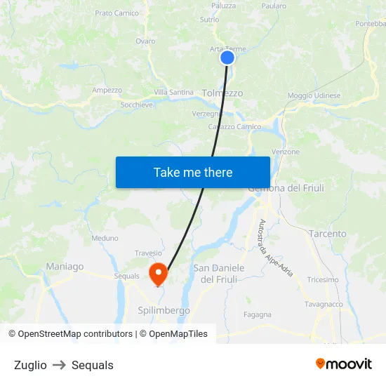 Zuglio to Sequals map