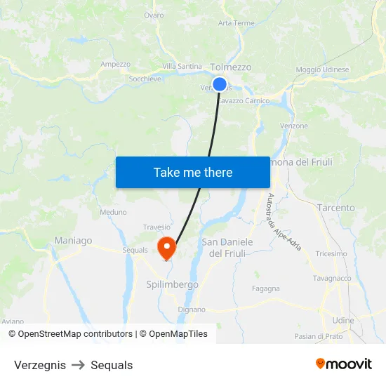 Verzegnis to Sequals map