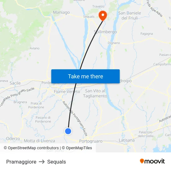 Pramaggiore to Sequals map