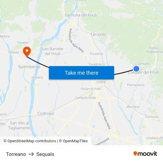 Torreano to Sequals map