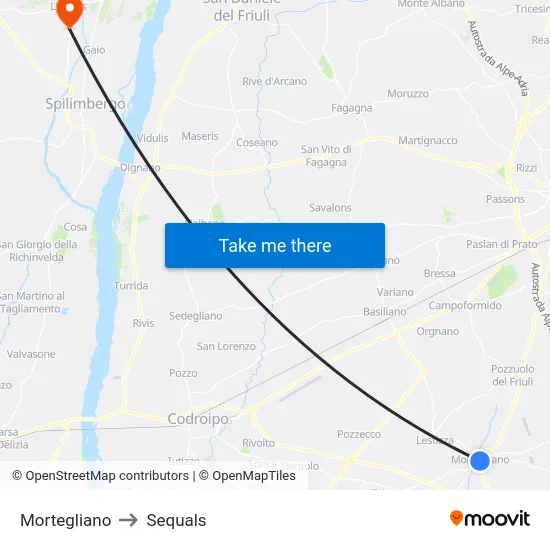 Mortegliano to Sequals map