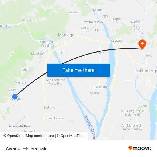 Aviano to Sequals map