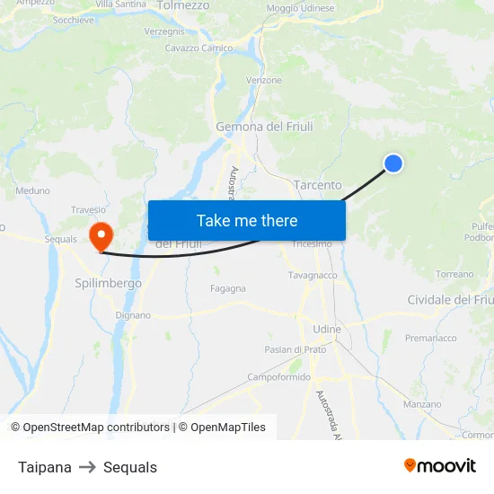 Taipana to Sequals map